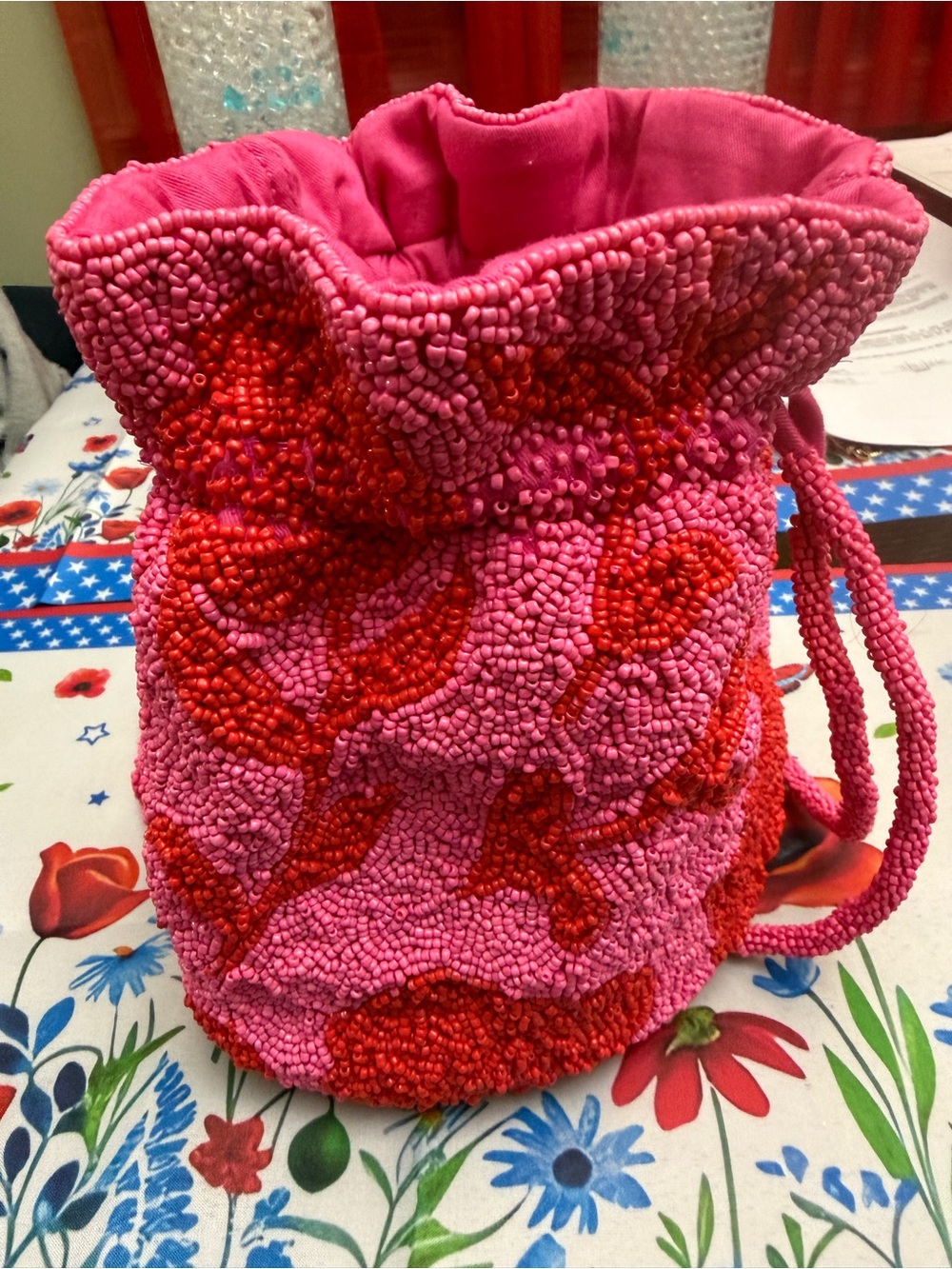 Beaded Pink & Red Drawstring Mini Bucket Bag
